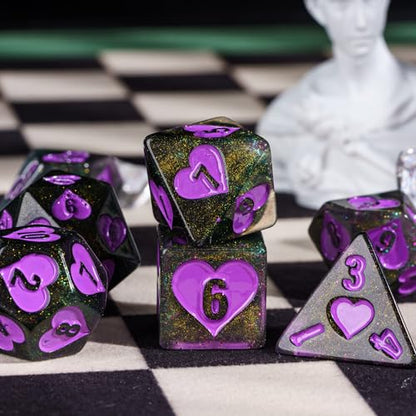 Glitter DND Dice Set Heart Polyhedral Dice Set for D&D Tabletop Game | Leather Storage Bag, DM Gift, for Dungeons and Dragons Role Playing Games - color: Heart/Black