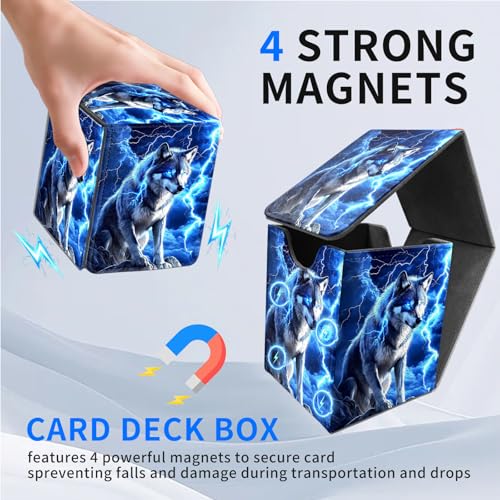 for MTG Deck Box, Commander Deck Case Fits 100 Double Sleeved Cards, PU Leather Storage Box, Compatible with Magic/TCG/PTCG/EDH/Sport Cards,Blue Wolf Lightning - color: Blue Wolf Lightning