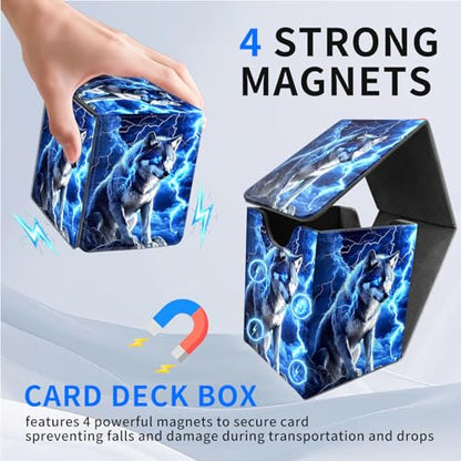 for MTG Deck Box, Commander Deck Case Fits 100 Double Sleeved Cards, PU Leather Storage Box, Compatible with Magic/TCG/PTCG/EDH/Sport Cards,Blue Wolf Lightning - color: Blue Wolf Lightning