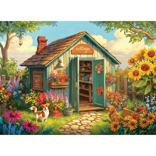 300 Piece Puzzle for Adults, Cozy Garden Cottage with Dogs Jigsaw Puzzle, Whimsical Floral Scene with Sunflowers & Blooms, Fun Family Activity, Home Wall Decor, Gift for Adults & Teens - style: Cottage Garden
