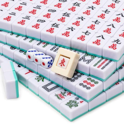 Yellow Mountain Imports “Bleau Opal” Chinese Mahjong Set with 146 Tiles and Blue Vinyl Case - for Chinese Style Gameplay Only [天體蛋白石中國麻將] | Experience Chinese Mahjong with this 146-tile set, engraved with a teal bamboo motif and authentic Chinese characte