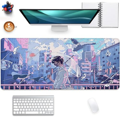 Japanese Fantasy City Boy Mouse Pad Desk Pad,Cute Kawaii Anime Mousepad,Large Extended Gaming Mouse Mat with Stitched Edges Non-Slip Waterproof Rubber Base Mous Mat for Desk Pad(27.5X11.8 in) - color: Japanese Animation