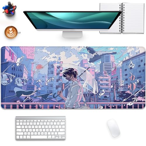 Japanese Fantasy City Boy Mouse Pad Desk Pad,Cute Kawaii Anime Mousepad,Large Extended Gaming Mouse Mat with Stitched Edges Non-Slip Waterproof Rubber Base Mous Mat for Desk Pad(27.5X11.8 in) - color: Japanese Animation