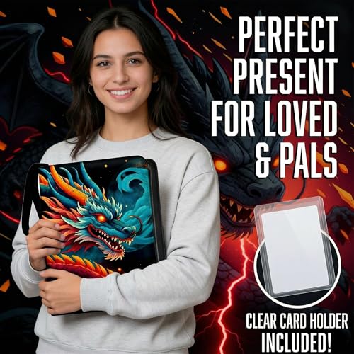 Trading Card Binder Small 4 Pocket,capacity of 400 Cards, 50 Clear Sheets Included, 3 Rings And Zipper, Cards Binder, Collector Binder, Water Proof with Dragon Design (Blue and Red, Small) - color: Blue and Red, size: Small