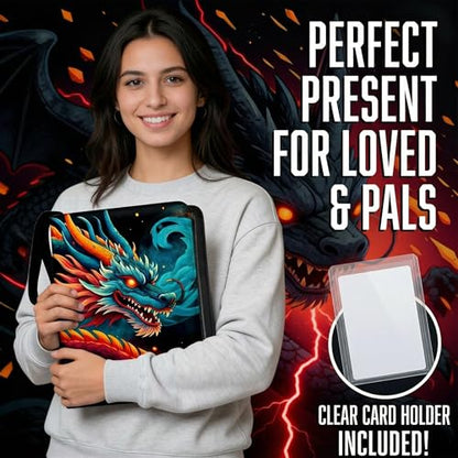 Trading Card Binder Small 4 Pocket,capacity of 400 Cards, 50 Clear Sheets Included, 3 Rings And Zipper, Cards Binder, Collector Binder, Water Proof with Dragon Design (Blue and Red, Small) - color: Blue and Red, size: Small