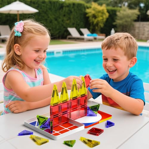 WMXDU Travel Magnetic Tiles Set: Keep Kids Quiet on Planes & in Cars | 26 Tiles -Mess-Free Creative Play. Sturdy Iron Box Doubles as a Building Base. No More Lost Pieces During Travel - style: 26pcs-Orange