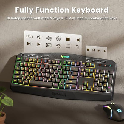 Redragon S101M-KS Gaming Keyboard and Mouse Wireless with Tri-Mode, RGB Keyboard and 4800 DPI Gaming Mouse, 10 Independent Multimedia Keys for Wins, PC, Computer, Wireless S101 Ideal for Gamer - color: Black-New