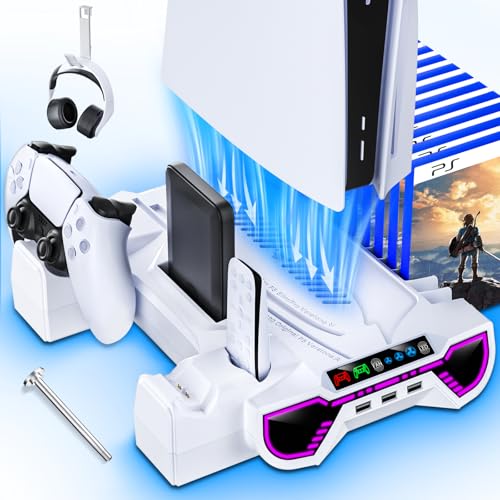PS5/Slim/Pro Cooling Station and Controller Charging Station with LED Stand for PlayStation 5 Console - PS5 Controller Charger, Cooling Stand Accessory Kit-Cooler Fan/Headset Holder/3 USB Hub, White - color: White