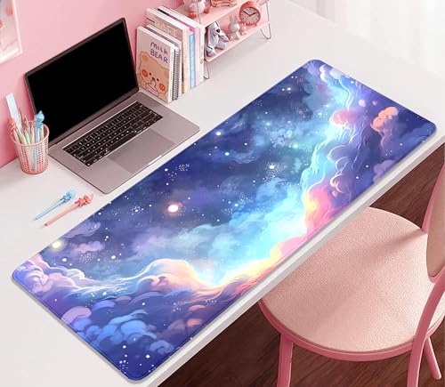 Stars Sky Dark Blue Cosmos Mouse Pad Desk Mat,Large Extended Gaming Mouse Pad with Stitched Edges,Non-Slip Waterproof Rubber Base for Office,Computer,Keyboard,Laptop and Home Desk Pad(27.5X11.8 in) - color: Blue Cloud