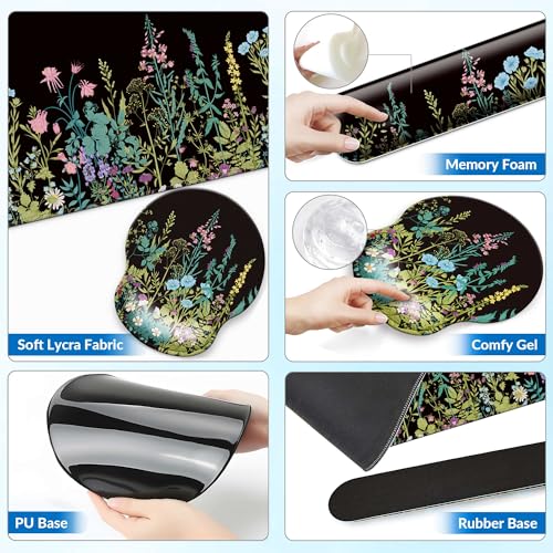Desk Mat Set Keyboard and Mouse Pad with Wrist Rest Support | Ergonomic,Pain Relief, 4-in-1 Large Big Mousepad Computer Mats,Desk Pad Matt Mats for Desktop Home & Office - color: L2-Flowers Garden