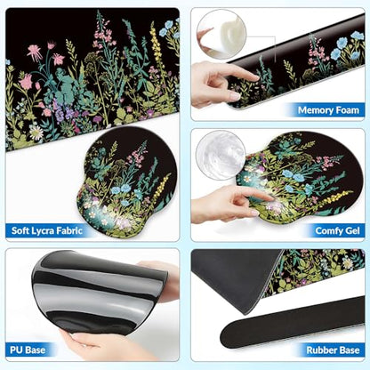 Desk Mat Set Keyboard and Mouse Pad with Wrist Rest Support | Ergonomic,Pain Relief, 4-in-1 Large Big Mousepad Computer Mats,Desk Pad Matt Mats for Desktop Home & Office - color: L2-Flowers Garden
