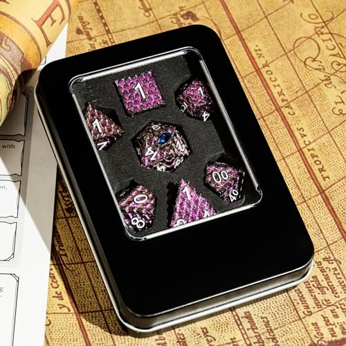 Metal Dice Set D&D,7 PCS Dragon Scale Metallic DND Dice Set,Dragon Eye Metal Dice with Grogeous Gift Case for Dungeons and Dragon Tabletop Game (Glitter Purple Dragon Scale & Blue Eye) - color: Glitter Purple Dragon Scale & Blue Eye