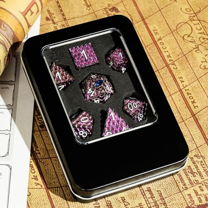Metal Dice Set D&D,7 PCS Dragon Scale Metallic DND Dice Set,Dragon Eye Metal Dice with Grogeous Gift Case for Dungeons and Dragon Tabletop Game (Glitter Purple Dragon Scale & Blue Eye) - color: Glitter Purple Dragon Scale & Blue Eye