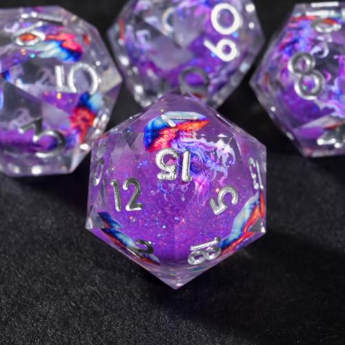 DND Dice Set Polyhedral, Translucent Liquid Core Dice, Resin Jellyfish-Purple Glitter Design for Dungeons Dragons D and D TRPG Gaming Dice(Purple Glitter) - color: Jellyfish-purple Glitter