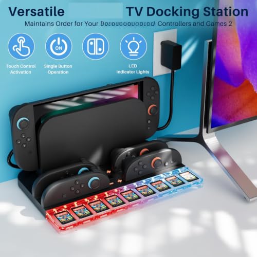 Charging Dock for Swi-tch 2 with Game Card Storage & RGB Light | Compact all-in-one station charges 4 controllers and stores 9 game cards for neat organization