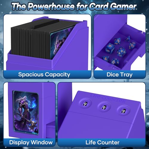 Proijeut Mtg Deck Box with Life Counter, Commander Deck Box Fits 100 Double-Sleeved Cards, Magic Card Storage Box with Commander Display & Dice Tray, Fit for MTG, TCG, CCG (Purple) - color: Purple