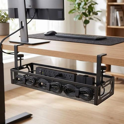 AUNMAS Under Desk Cable Management Tray Cord Organizer with Clamp for Home Office Standing Desk No Tools Needed Adjustable Mount Carbon Steel Mesh (L Black)