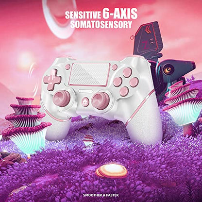 AceGamer Wireless Controller for PS4, Custom Design V2 Gamepad Joystick for PS4 with Non-Slip Grip of Both Sides and 3.5mm Audio Jack! Thumb Caps Included! (Pink-White) - color: Pink-White
