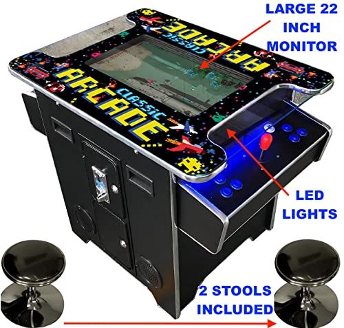 Full Size Commercial Grade Cocktail Arcade Machine 2 Player Retro 60 Games 22" LCD Screen Tempered Glass 2 Stools Included 5 Year Warranty Black