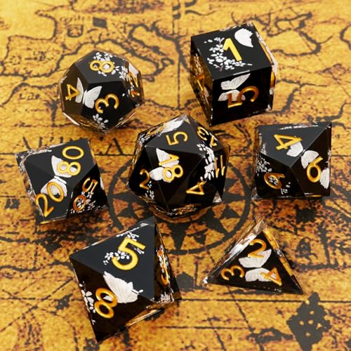 DND Polyhedral Dice Set for Role Playing Gaming with Box, Sticker Sharp Edged Polyhedral Resin DND Dice Set with Beauty Butterfly ＆ Flower Image, D% D20 D12 D10 D8 D6 D4 Dice RPG MTG Gift(Black) - color: Black, style: Butterfly