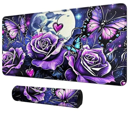 Purple Rose and Butterflies for MTG & TCG Playmat Mouse Pad,BFDHGQZC 24" x 14" Game Mat for MTG/RPG/CCG Trading Card Game Playmats Table Mat Perfect for Card Games Video Games Computer Office - color: Purple Rose and Butterflies