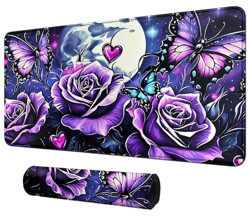 Purple Rose and Butterflies for MTG & TCG Playmat Mouse Pad,BFDHGQZC 24" x 14" Game Mat for MTG/RPG/CCG Trading Card Game Playmats Table Mat Perfect for Card Games Video Games Computer Office - color: Purple Rose and Butterflies