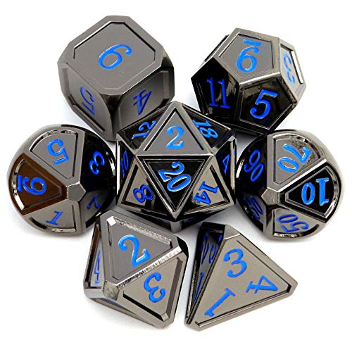 Haxtec Metal DND Dice Set, 7 Pcs Black Polyhedral Dice for Table Games | Blue Numbers D&D with Metal Case, Compatible with Dungeons and Dragons, Heavy Metallic 7 die, RPG Gifts for Board Games - color: Black Blue