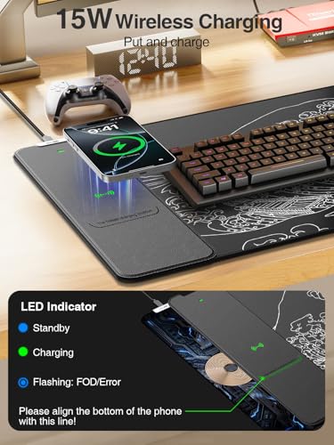 Wireless Charging Mouse Pad, 31.5"x15.8" Large Desk Mat, Smooth Glide | Waterproof Mousepad, Stitched Edge, Non-Slip Rubber Base, Desk Pad Computer Keyboard Mat, No Adapter - color: Black-31.5"x15.8"-Sea