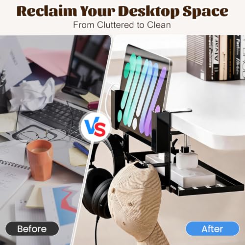 Laptop Holder for Desk,Desk Side Storage Organizer, Under Desk Laptop Mount | Clamp-On Vertical Laptop Holder, No Drill Metal Shelf with Headphone Hook & Power Strip Holder, Black