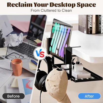 Laptop Holder for Desk,Desk Side Storage Organizer, Under Desk Laptop Mount | Clamp-On Vertical Laptop Holder, No Drill Metal Shelf with Headphone Hook & Power Strip Holder, Black