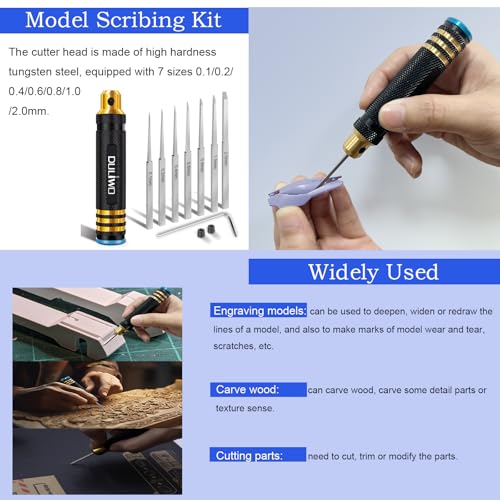 Model Scriber Tool Kit, 7-Blade Chisel Set for Gunpla | 0.1-2.0mm Blades, Panel Line Scriber for Gundam Model Kit HG/RG/MG, Resin Kits, Model Hobby, Pin Vise Hand Drill & Bits