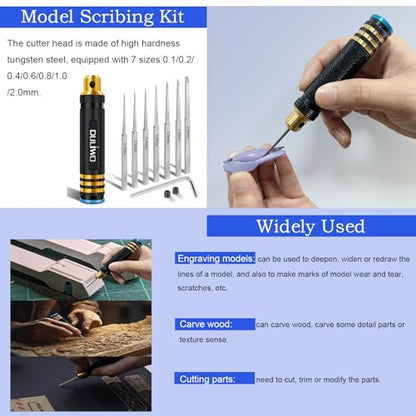 Model Scriber Tool Kit, 7-Blade Chisel Set for Gunpla | 0.1-2.0mm Blades, Panel Line Scriber for Gundam Model Kit HG/RG/MG, Resin Kits, Model Hobby, Pin Vise Hand Drill & Bits