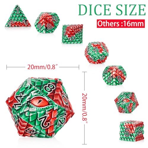Dragon Eye Metal Dice Set - 7 Pcs Dragon Scale Metallic D&D Dice, Gift Box for Dungeons and Dragons Tabletop Game (Red, Green Dragon Scale & Red Eye) - color: Red Green Dragon Scale & Red Eye