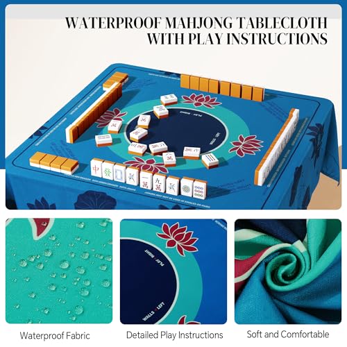 HOMBYS Elegant Lotus Mahjong Table Cloth 55x55 Inch, Square Mahjong Mat with Beginner Game Rules, Spill-Resistant Cover for Card & Tile Game Tables (Lake Blue) - color: Lake Blue