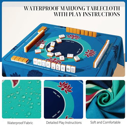 HOMBYS Elegant Lotus Mahjong Table Cloth 55x55 Inch, Square Mahjong Mat with Beginner Game Rules, Spill-Resistant Cover for Card & Tile Game Tables (Lake Blue) - color: Lake Blue