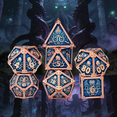 Metal Dice Set, Octopus Pattern, 7pcs Polyhedral Metal DND Dice Set, DND Starter Set, D&D Gifts with Gift Bag, Role Playing Board Games Accessories, Red Copper Border Blue - color: Blue With Gift Bag