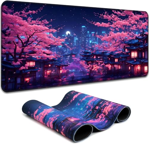 Simpkeely Fantasy Night City Gaming Mouse Pad, Blacklight Japanese Residential Buildings Landscape Neon Large Waterproof UV Reactive Non-Slip Rubber Base Mousemat for Office Home - 31.5" x 11.8" - color: Japanese City