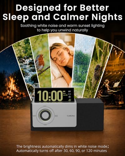 GoldJoy 7 in 1 Bluetooth Speaker Wireless Charging Station for Home Gift | Sound with Punchy Bass, Sunset Lamp & White Noise for Sleep, Smart Flip-Up LCD Display, Clock Syncs Phone's Time and Date - color: Black