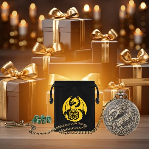 Mini DND Dice Set with Steampunk Dragon Large Pocket Watch Shell Case, 7-Piece Polyhedral Acrylic D&D Dice, DND Gift Bag with Dragon Logo, Role Play Board Game Accessories, Bronze + Green - color: Bronze + Green