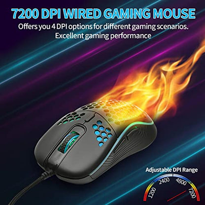 Techsea Honeycomb Wired Gaming Mouse with RGB On/Off Switch, 7200 Adjustable DPI, Ergonomic Lightweight Design & High Precision Sensor for PC/Mac Gamers (Black) - color: Black