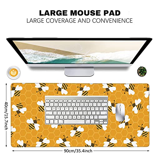 Bee with Honey Extended Gaming Mouse Pad Large Desk Mat with Non-Slip Rubber Base and Stitched Edges,Keyboard Mouse Mat Desk Pad for Work,Game,Office,Home 35.4 * 15.7 Inch - color: Bee With Honey