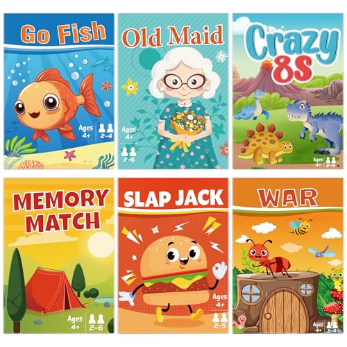 Card Games for Kids, Go Fish,Old Maid,Memory Match,Slap Jack,Crazy 8s,War-6 Pack Classic Fun & Educational Games for Family Game Night,Great Gift for Birthday Christmas Holiday Easter Basket Stuffers