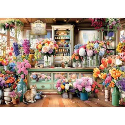 1000 Piece Jigsaw Puzzle for Adults - Colorful Flower Shop Scene with Cat, Premium Quality Cardboard Puzzles for Adults & Family, Challenging Adult Puzzle Games, 27x20 Inches Finished Size - color: Colorful Flower, size: (27"X19")