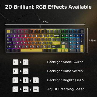 RK ROYAL KLUDGE X104 Wired Full Size Mechanical Gaming Keyboard, Metal Knob | Creamy Keyboard with Number Pad,104 Keys RGB Computer Keyboard Hot Swappable Linear Switch, Online Software for Wins/Mac - color: Lightning Yellow, size: Silent Linear Switch
