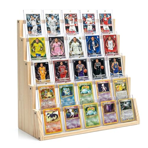 5 Tier Wooden Card Display Stand – Vertical Card Holder Display for Trading Cards, Game Cards, Sports Cards, Graded PSA/BGS/SGC, Baseball, Basketball&Football(Soccer) Card Stand, Desk & Shelf Organize,Natural - color: Natural, size: 1 Pack
