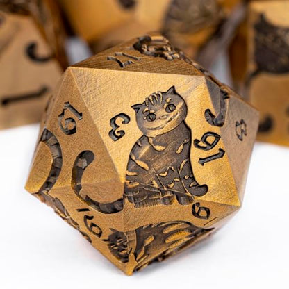 Metal DND Cat Dice Polyhedral RPG Dice Set with Gift Case for Dungeons Dragons Role Playing Game, 7PCS D and D Dice D6 D8 D10 D12 D20 D% (Antique Gold) - color: Cat-gold