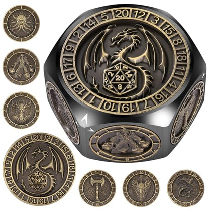 DND Spinner Dice 8-in-1 Metal Dice Set, D&D Polyhedral Game Dice | 3D Hexagon Relief Design, D&D Spinner Dice, DND Gifts, MTG, Role Playing Board Game Accessories, with Gift Box, Black - color: Black