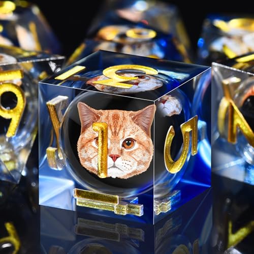 AUSTOR 7 Die DND Dice Set 7 Pieces Cat Resin Dice Role Playing D and D Dice D20 D12 D10 D8 D6 D4 Sharp Edge Dungeons and Dragons Dice with Case - color: Cat - Blue