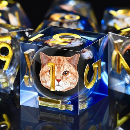 AUSTOR 7 Die DND Dice Set 7 Pieces Cat Resin Dice Role Playing D and D Dice D20 D12 D10 D8 D6 D4 Sharp Edge Dungeons and Dragons Dice with Case - color: Cat - Blue