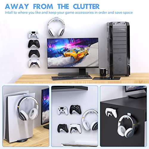 Wall Mount Holder for PS5 Pro/Slim and Switch Controllers - Strong Adhesive/Screw Headphone Stand, Headset Hanger Hook for Universal Controller and Headset - 6 Pack